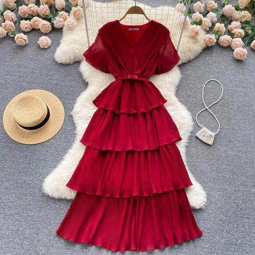 summer quality women hem colla cake pleated dress long