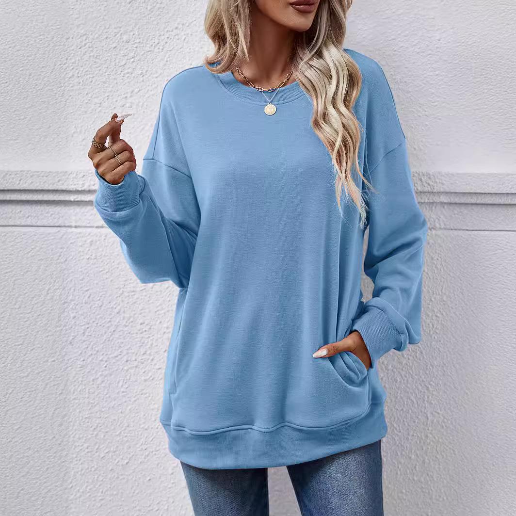 Womens fleece sweatshirt womens loose round neck pocket top