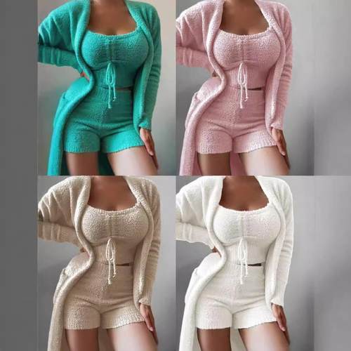 clothes home suit casual set pajamas lace-up three-piece