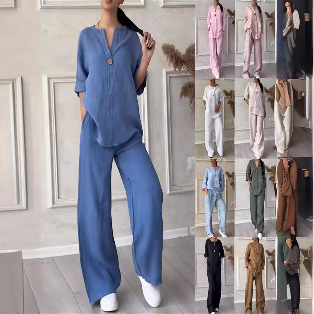 solid neck loose neck one button long wide-leg pants women