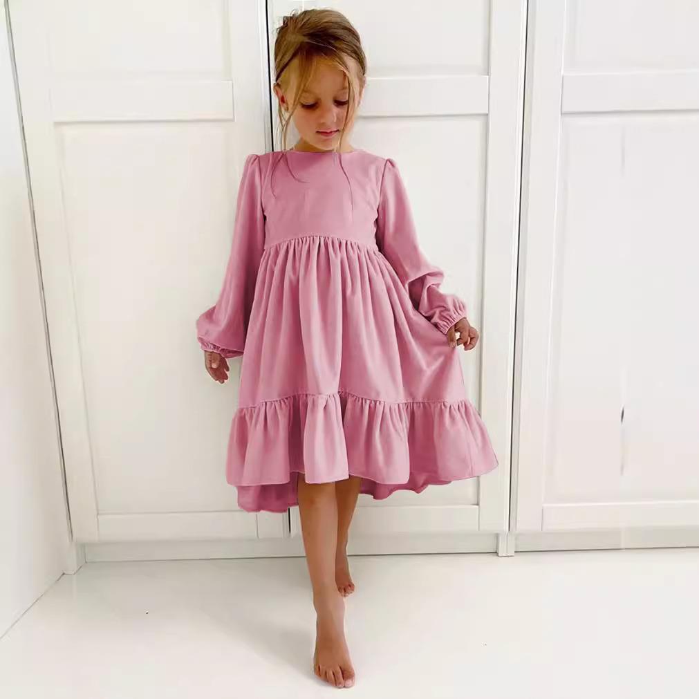 Girls princess dress color loose lotus sleeve splicing