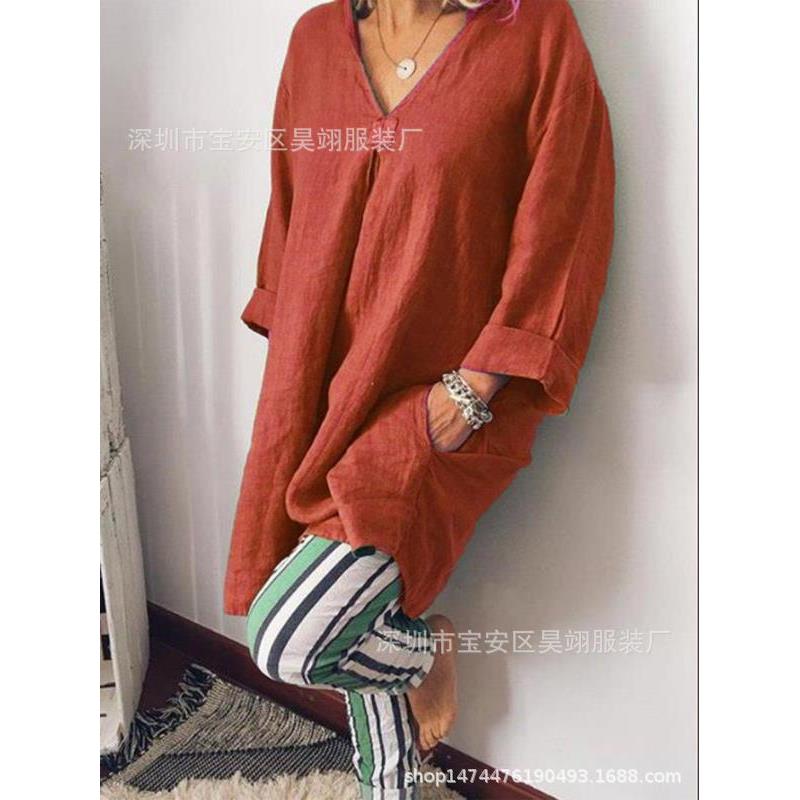 Womens medium-length shirt T-shirt V-neck top striped