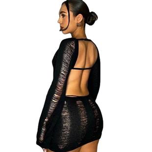 hip-wrapped womens tight hollow backless sexy woolen dress