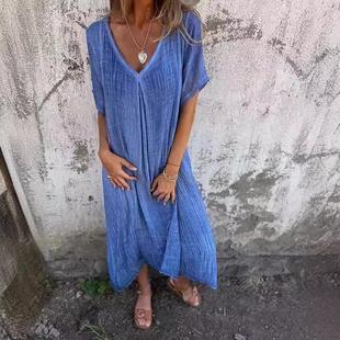 Short Sleeve Color Loose Cotton Solid Skirt Neck Casual