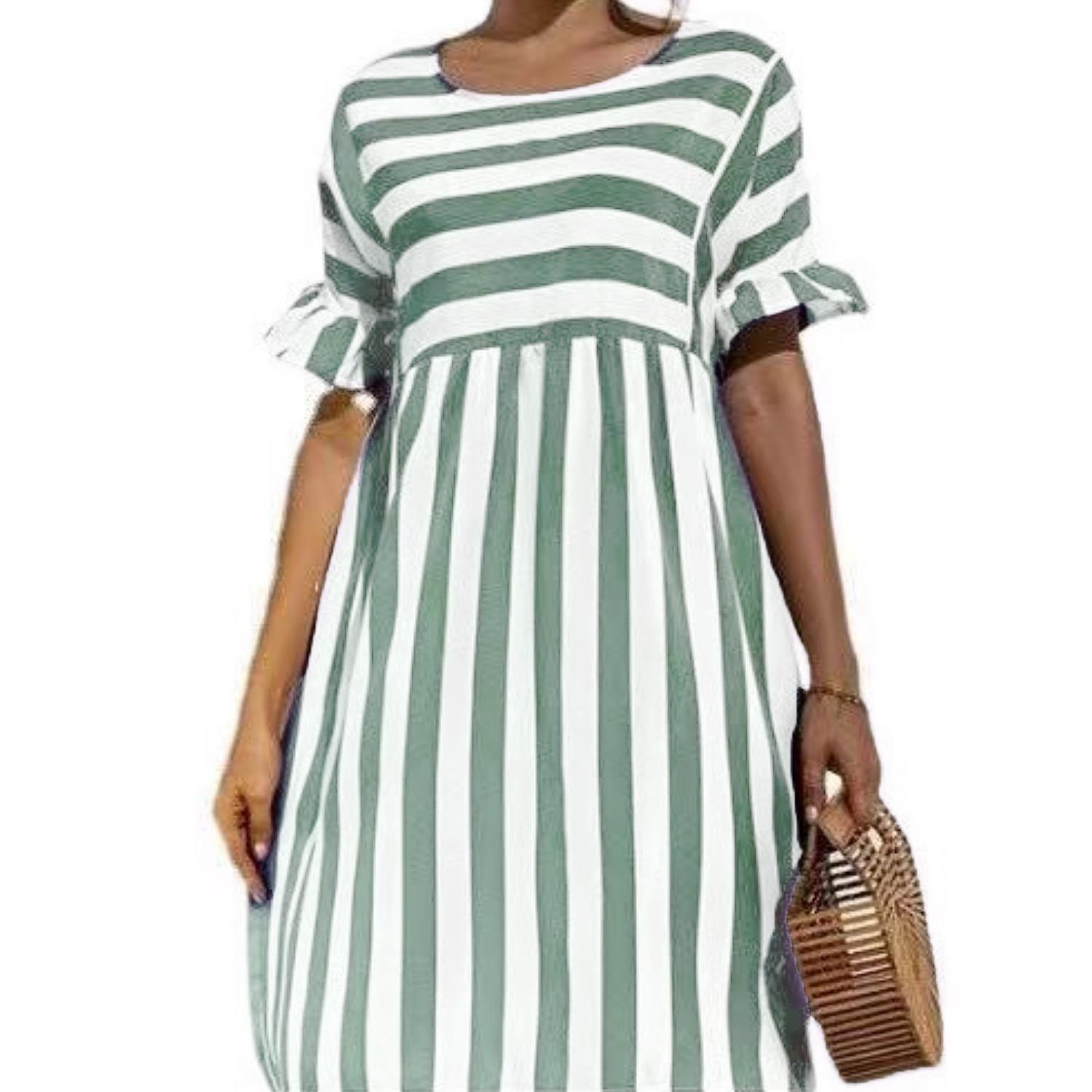 Womens ruffled short-sleeved striped patchwork pocket