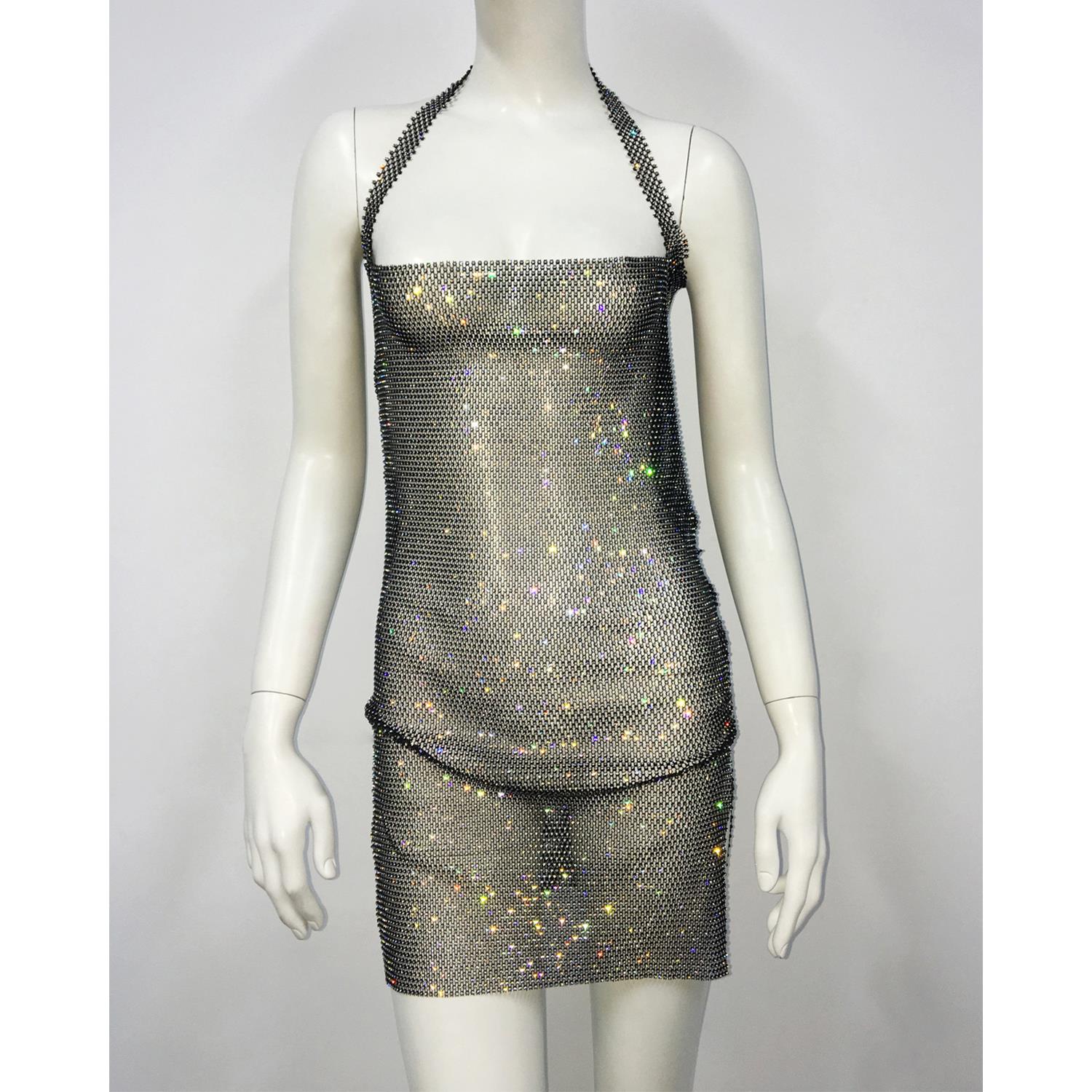 Dress Womens Fishnet Rhinestone Halter Neck Dress Sexy Slit