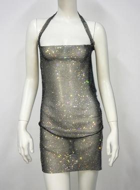 Dress Womens Fishnet Rhinestone Halter Neck Dress Sexy Slit
