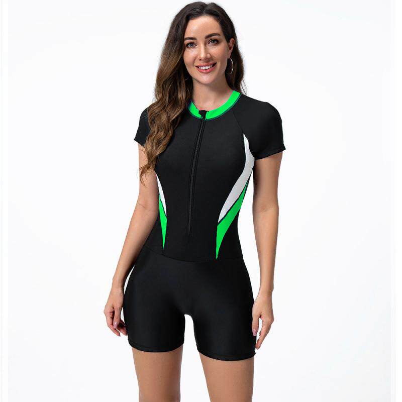 One-piece swimsuit for women short sleeve zippered boxer