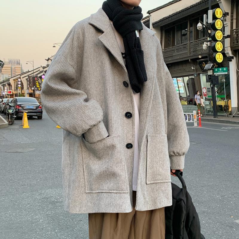 港风秋冬季毛呢大衣男中长款灯芯绒风衣韩版潮流宽松加厚冬装外套