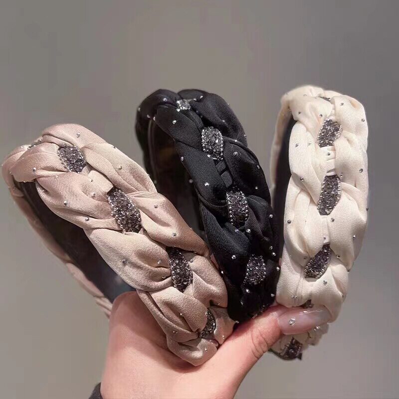 新品韩版黑色水钻麻花编织高颅顶发箍女高级感百搭发卡洗脸头箍发