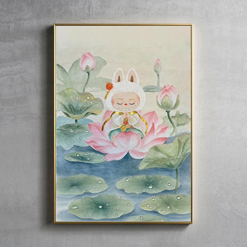 新中式荷花装饰画labubu可爱挂画创意个性走廊过道玄关背景墙壁画图片