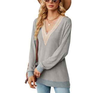 split contrast shirt long Lace loose color neck sleeved