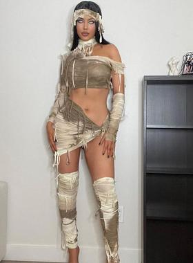 Womens tassel ripped contrast color sexy navel-baring