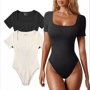 sexy ribbed one burvogue square bodysuits piece neck womens