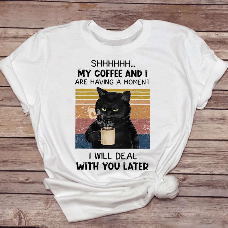 Animal Little Black Cat Cute Pet Print T-Shirt Short