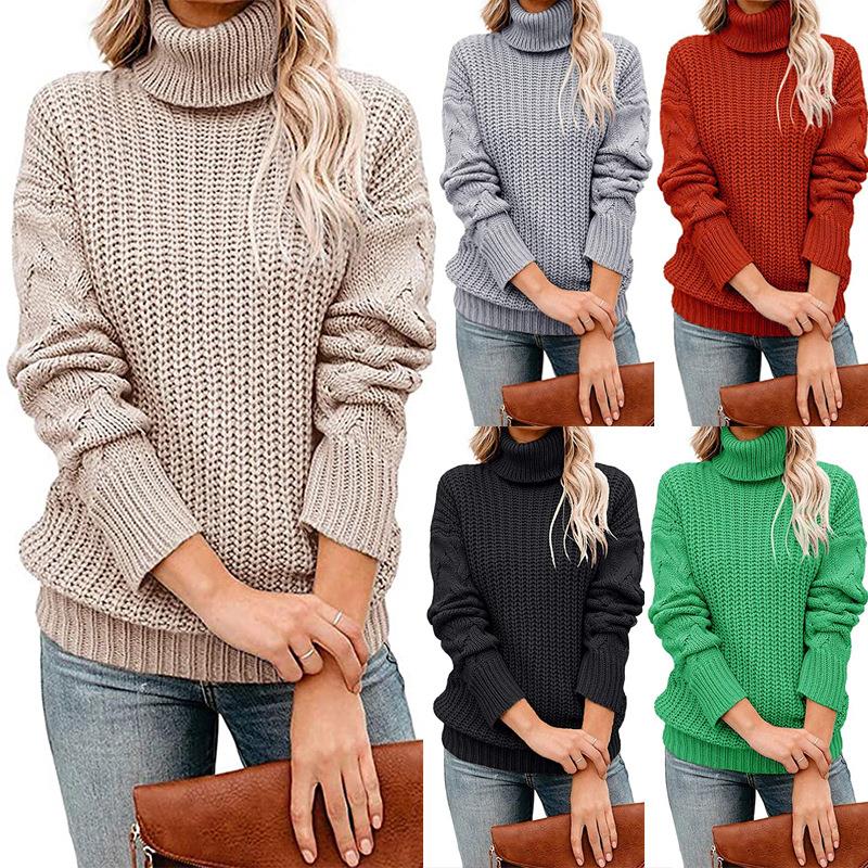 Womens long-sleeved cable-knit turtleneck sweater ladies