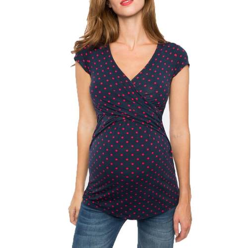 Cross-Chest V-Neck Nursing Maternity Dot Short-Sleeved Top