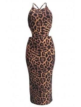 Womens hollow sexy suspender leopard print dress