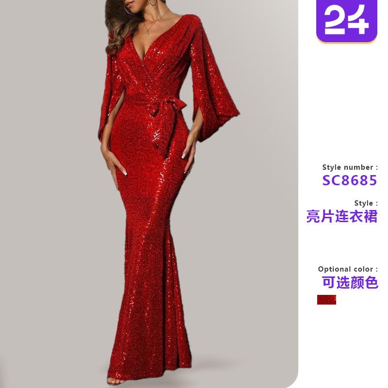Summer dress sexy slit solid color sequin long floor-length