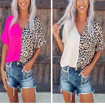 Leopard print casual patchwork T-shirt V-neck short-sleeved