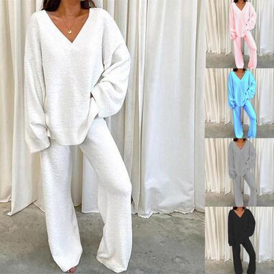 winter pants women sleepwear solid warm home pijama neck