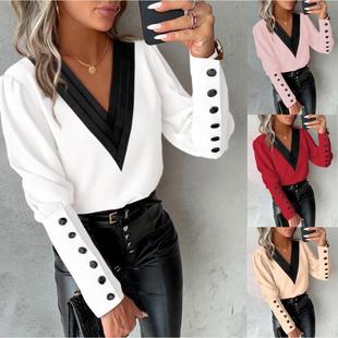 down color neck solid long Fashion ladies sleeved button