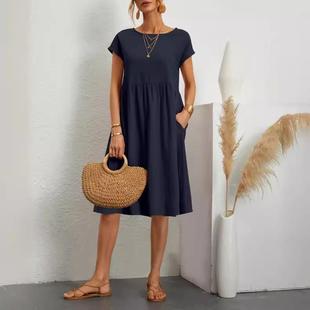 womens Fashionable neck cotton and dress elegant linen