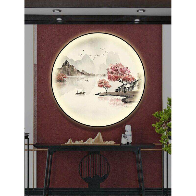 圆形山水画新中式玄关挂画茶室背景墙装饰灯画水墨画茶水间装饰画