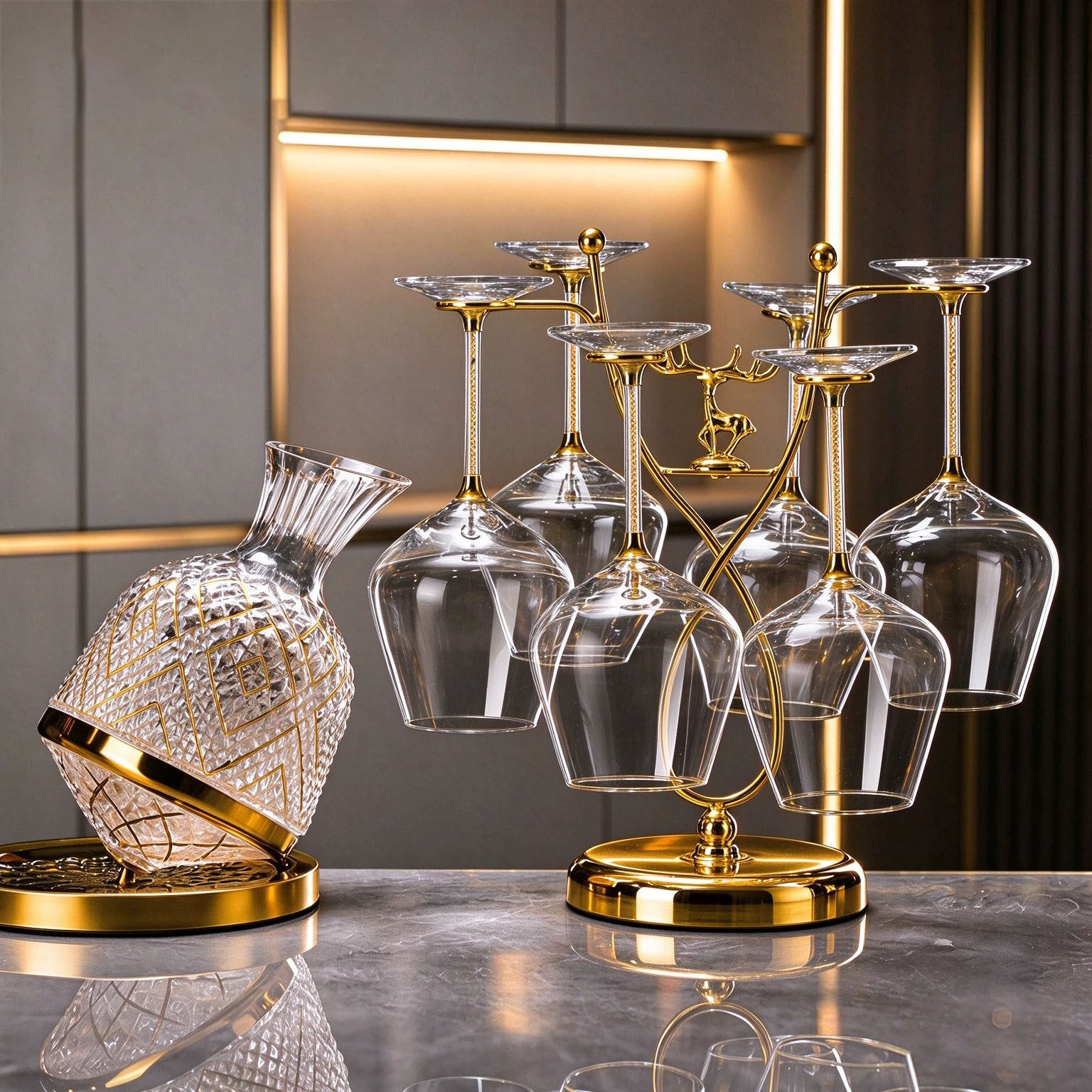 德国轻奢金钻红酒杯套装高级感家用酒柜酒具摆件水晶醒酒器倒挂架