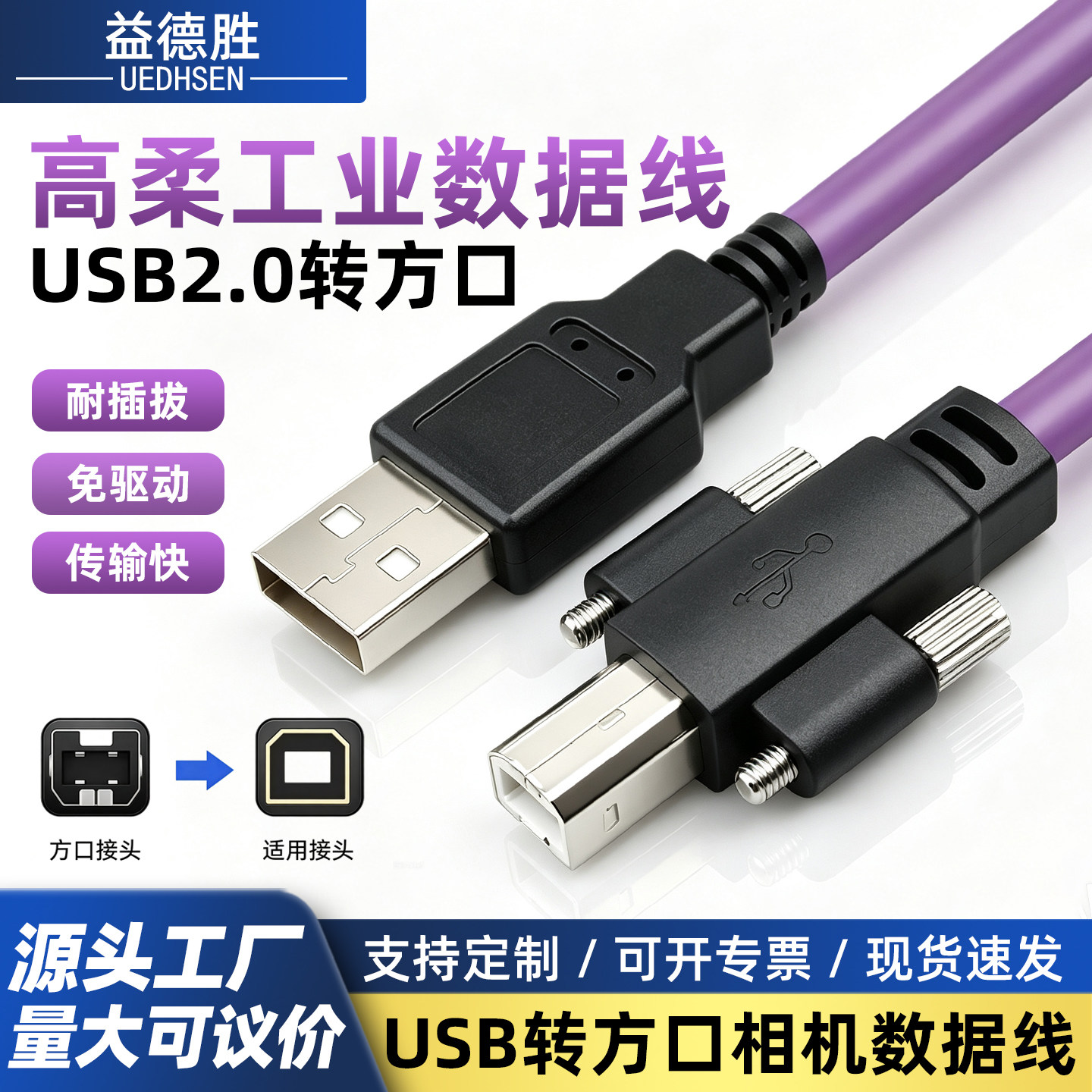 工业相机USB2.0转方口B公数据线图片