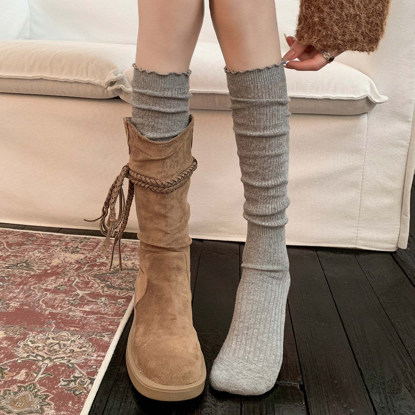 灰色小腿袜子女配靴子纯棉长筒靴袜春夏季薄款高筒木耳花边泡泡袜
