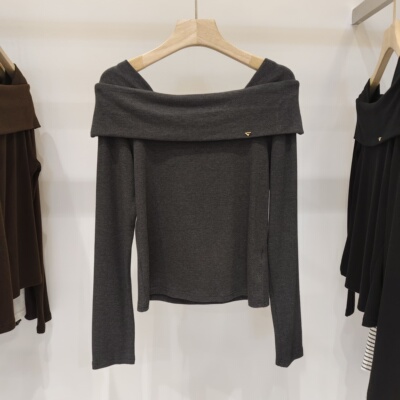 一字领设计感纯色百搭长袖T恤女