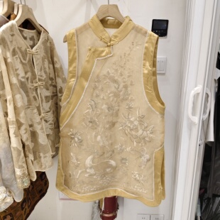 时尚重工刺绣斜边扣欧根纱立领中长款马甲女夏季新品薄款国风上衣