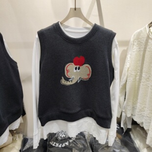 宽松两件套 圆领T恤女2025新款 冬季 卡通小象印花加绒马甲叠穿长袖