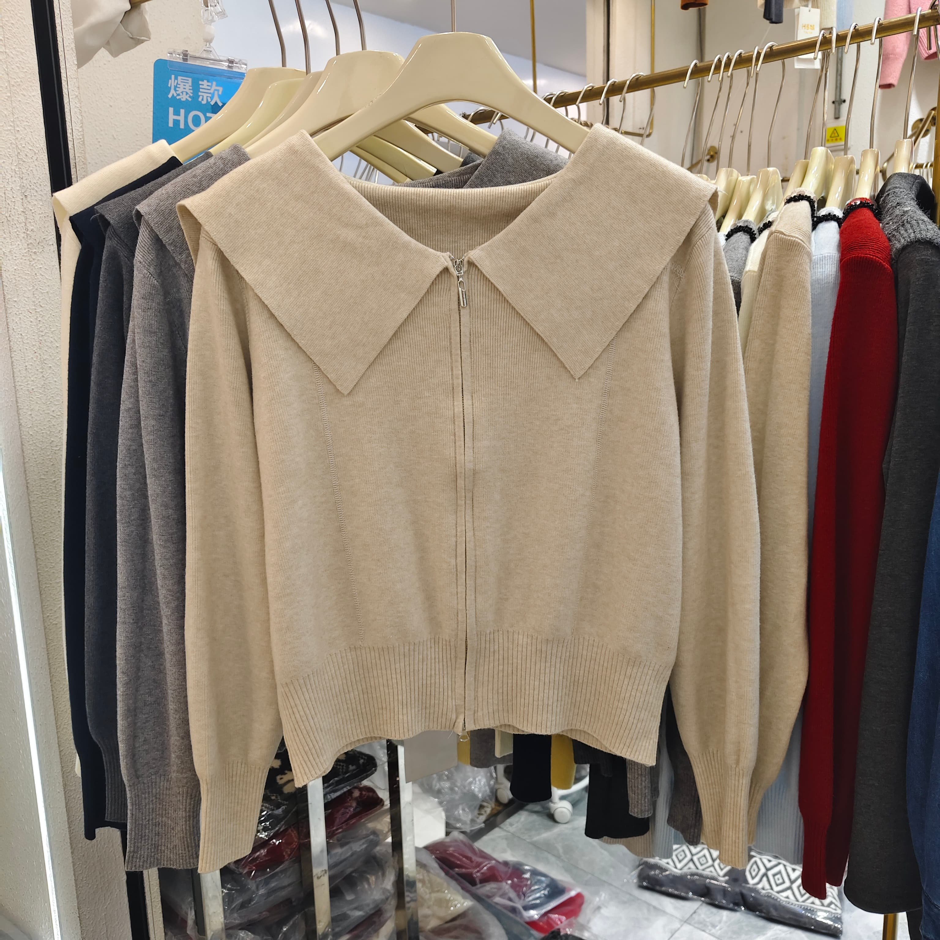 纯色简约翻领双拉链针织开衫女