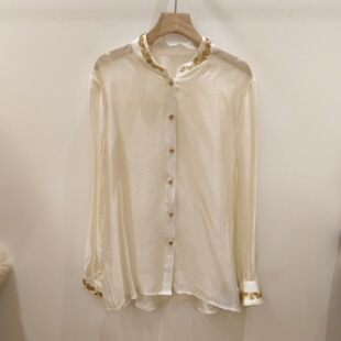 早春新中式钉珠立领长袖天丝衬衫女2026新品气质百搭薄款打底上衣