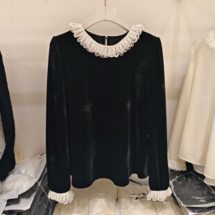 设计感钉珠花边领长袖丝绒衬衫女2026早春新品甜美减龄百搭打底衫