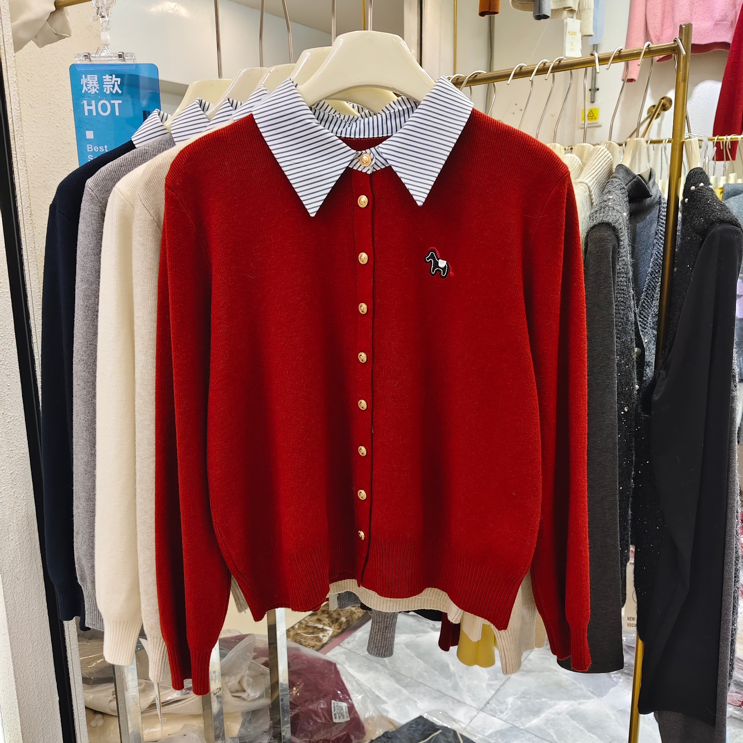 条纹翻领单排扣长袖针织开衫女