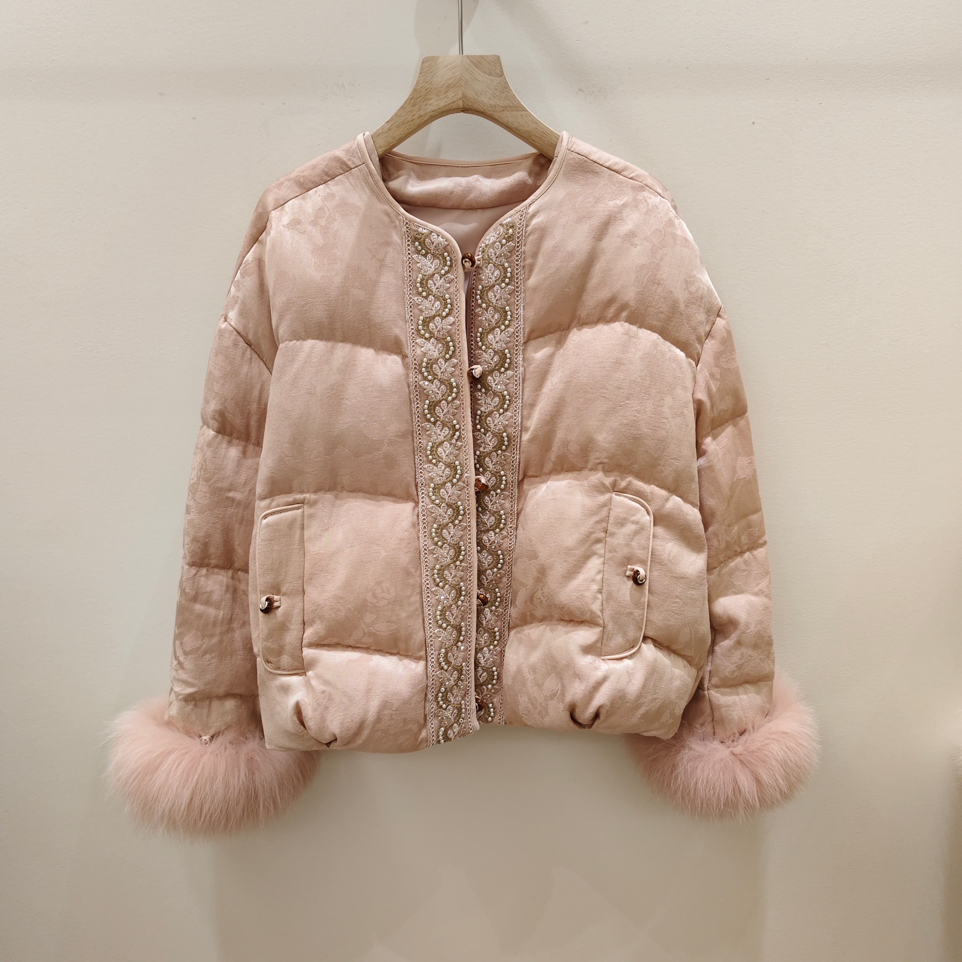 人丝亚麻白鸭绒新中式羽绒服女