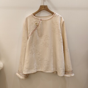 新中式圆领丝绒长袖衬衫女水貂毛拼接刺绣人丝打底衫2025冬季新款