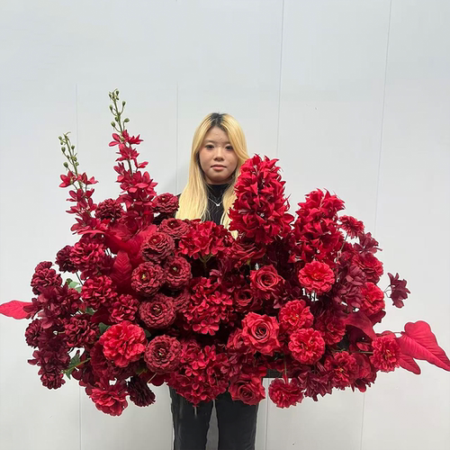 仿真花红色花排中式婚礼地排花