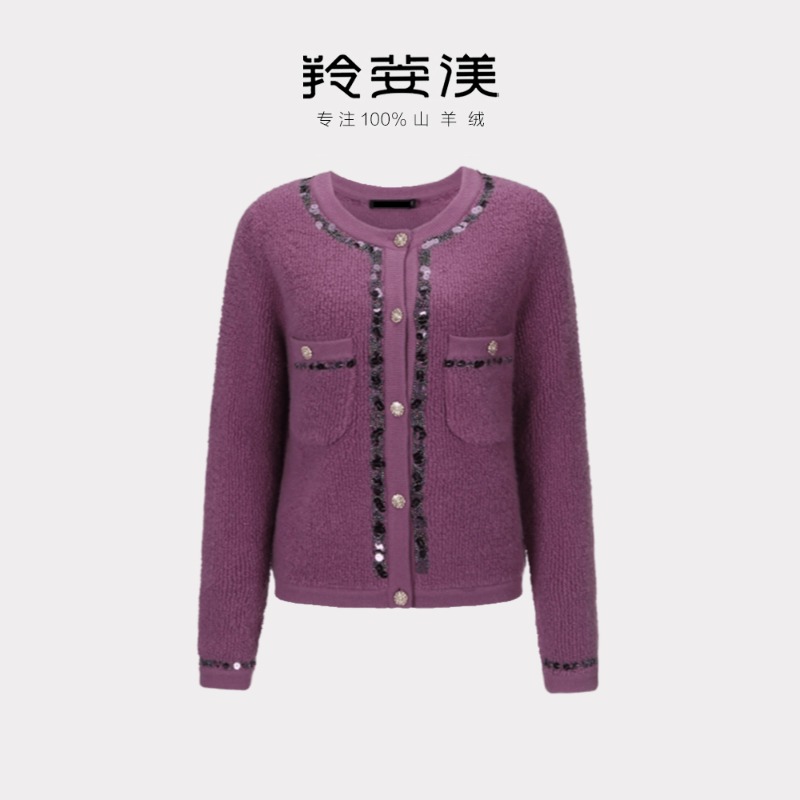 羚荌渼圆领圈圈针法加厚纯羊绒毛衫重工珠片绣外套100羊绒开衫女