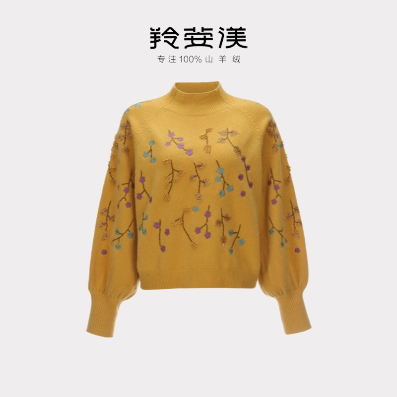 羚荌渼半高领灯笼袖绣花羊绒衫