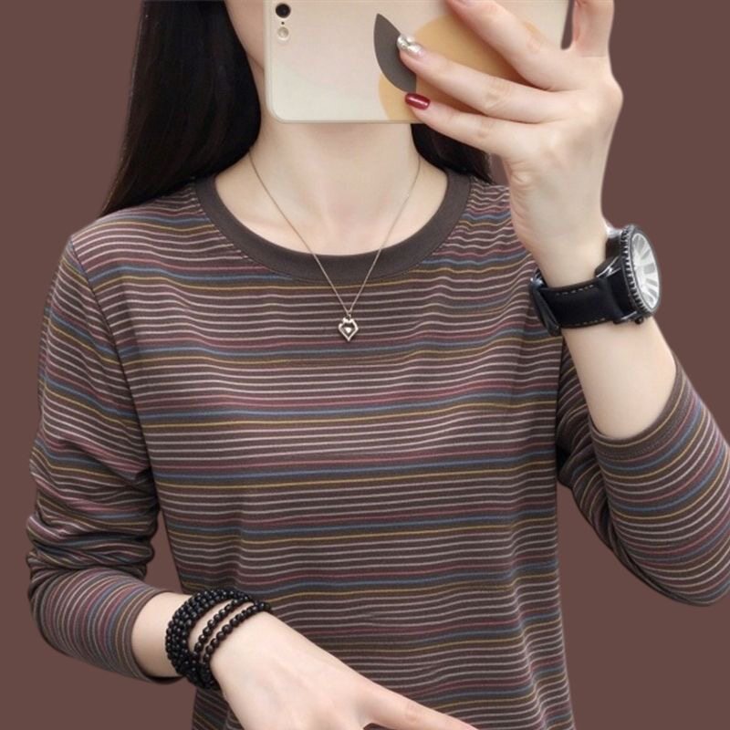 韩版百搭棉质条纹长袖T恤女士2026春秋新款中年妈妈宽松休闲上衣