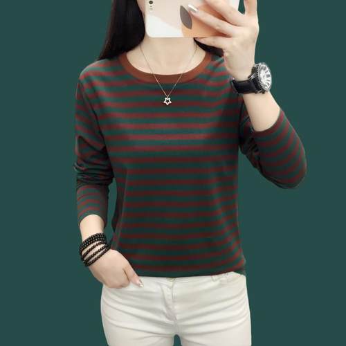 纯棉长袖条纹T恤女新款秋装大码宽松洋气妈妈上衣打底衫圆领内搭