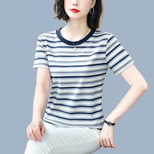 妈妈夏装纯棉短袖t恤女 宽松2026新款大码条纹体恤中老年洋气上衣