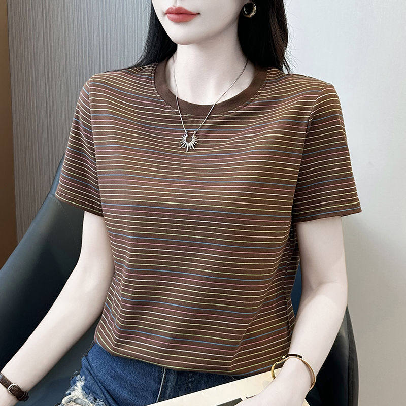 夏季纯棉正肩圆领短袖t恤女宽松大码条纹显瘦半袖t恤妈妈洋气上衣