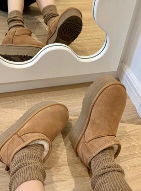 KIKIBEST【三层底】牛皮加绒加厚短筒雪地靴女秋冬厚底增高棉鞋