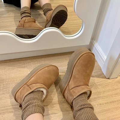 KIKIBEST【三层底】牛皮加绒加厚短筒雪地靴女秋冬厚底增高棉鞋