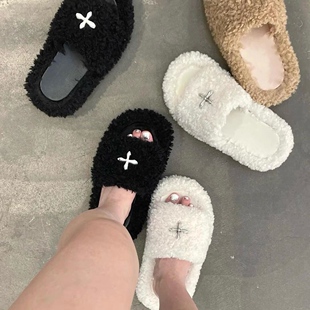 KIKIBEST十字花厚底增高黑丝绒平底一字毛毛拖鞋女新款外穿棉拖鞋
